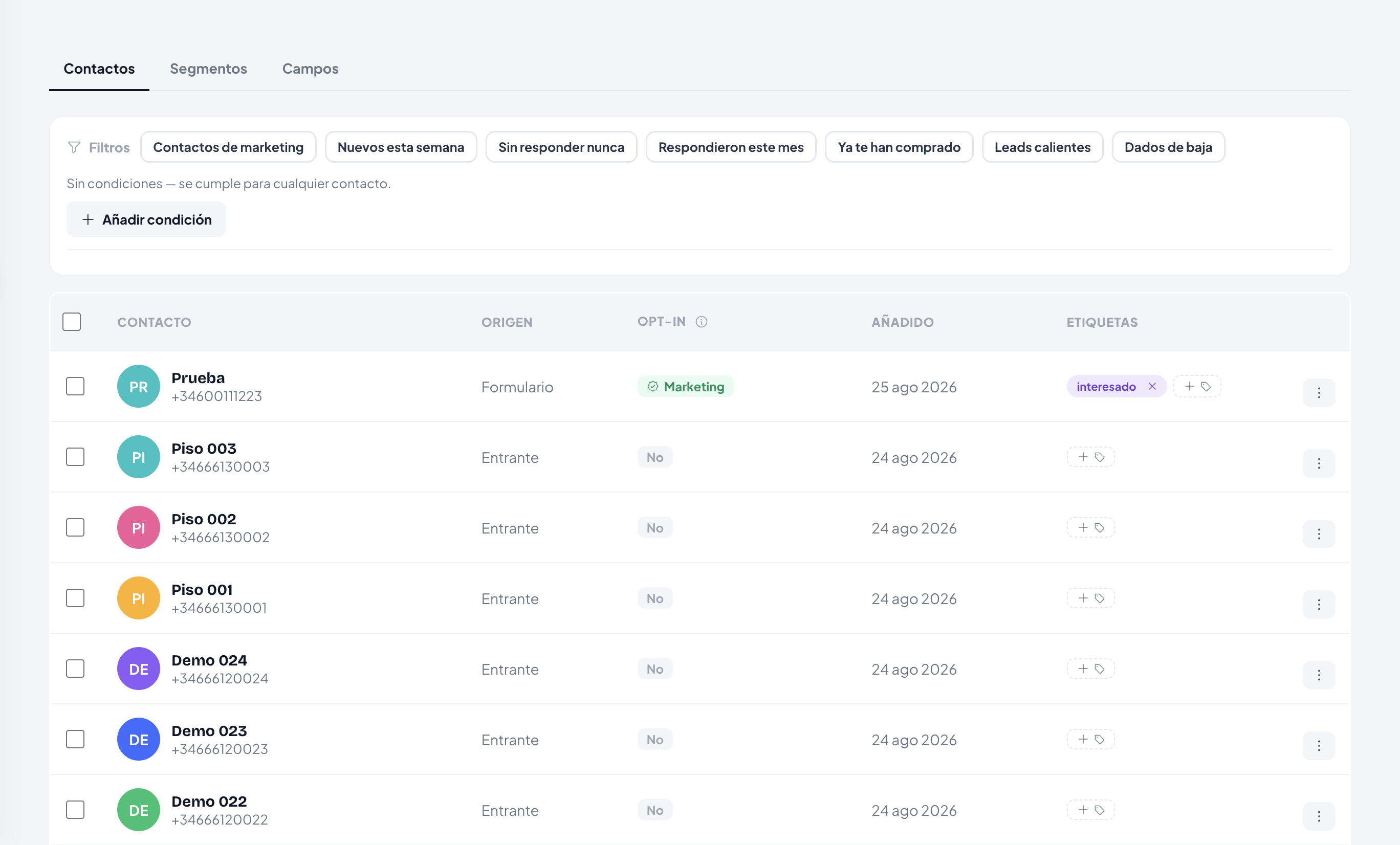 Lista de Contactos con la columna Opt-in y sus estados Marketing, No y Baja